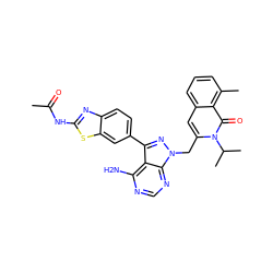 CC(=O)Nc1nc2ccc(-c3nn(Cc4cc5cccc(C)c5c(=O)n4C(C)C)c4ncnc(N)c34)cc2s1 ZINC000088345866