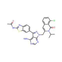 CC(=O)Nc1nc2ccc(-c3nn(Cc4cc5cccc(Cl)c5c(=O)n4C(C)C)c4ncnc(N)c34)cc2s1 ZINC000088346086