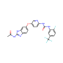 CC(=O)Nc1nc2ccc(Oc3ccc(NC(=O)Nc4cc(C(F)(F)F)ccc4F)nc3)cc2[nH]1 ZINC000014965540