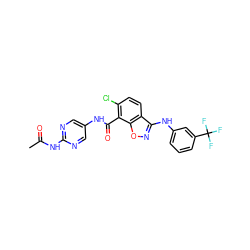 CC(=O)Nc1ncc(NC(=O)c2c(Cl)ccc3c(Nc4cccc(C(F)(F)F)c4)noc23)cn1 ZINC000045496751