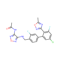 CC(=O)Nc1nonc1NCc1ccc(-c2cc(Cl)cc(F)c2-c2noc(C)n2)cc1F ZINC000045338904