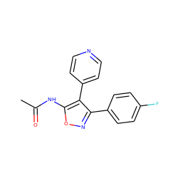 CC(=O)Nc1onc(-c2ccc(F)cc2)c1-c1ccncc1 ZINC000299839712