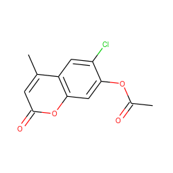 CC(=O)Oc1cc2oc(=O)cc(C)c2cc1Cl ZINC000000257417