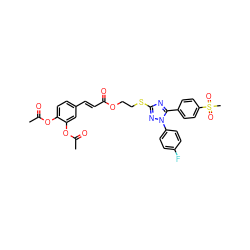 CC(=O)Oc1ccc(/C=C/C(=O)OCCSc2nc(-c3ccc(S(C)(=O)=O)cc3)n(-c3ccc(F)cc3)n2)cc1OC(C)=O ZINC000653791959