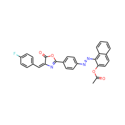 CC(=O)Oc1ccc2ccccc2c1/N=N/c1ccc(C2=N/C(=C/c3ccc(F)cc3)C(=O)O2)cc1 ZINC000095602255