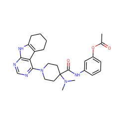 CC(=O)Oc1cccc(NC(=O)C2(N(C)C)CCN(c3ncnc4[nH]c5c(c34)CCCC5)CC2)c1 ZINC000653852919