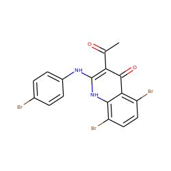 CC(=O)c1c(Nc2ccc(Br)cc2)[nH]c2c(Br)ccc(Br)c2c1=O ZINC000044417491