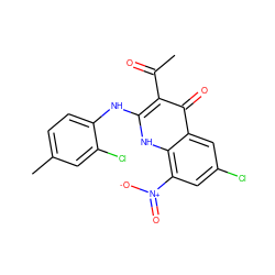 CC(=O)c1c(Nc2ccc(C)cc2Cl)[nH]c2c([N+](=O)[O-])cc(Cl)cc2c1=O ZINC000042887411