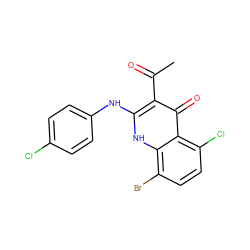 CC(=O)c1c(Nc2ccc(Cl)cc2)[nH]c2c(Br)ccc(Cl)c2c1=O ZINC000040897169