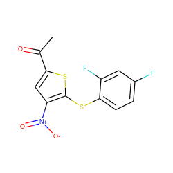 CC(=O)c1cc([N+](=O)[O-])c(Sc2ccc(F)cc2F)s1 ZINC000091696068