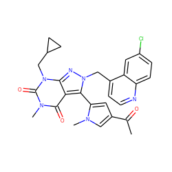 CC(=O)c1cc(-c2c3c(=O)n(C)c(=O)n(CC4CC4)c3nn2Cc2ccnc3ccc(Cl)cc23)n(C)c1 ZINC000084740462