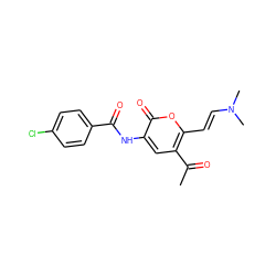 CC(=O)c1cc(NC(=O)c2ccc(Cl)cc2)c(=O)oc1/C=C/N(C)C ZINC000050399841