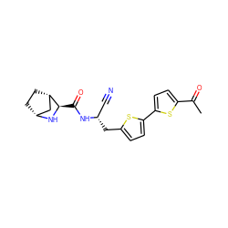 CC(=O)c1ccc(-c2ccc(C[C@@H](C#N)NC(=O)[C@H]3N[C@@H]4CC[C@H]3C4)s2)s1 ZINC000169708970