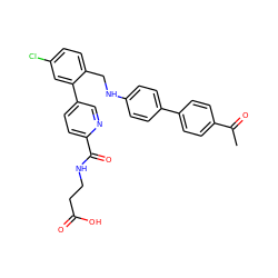 CC(=O)c1ccc(-c2ccc(NCc3ccc(Cl)cc3-c3ccc(C(=O)NCCC(=O)O)nc3)cc2)cc1 ZINC000148279655