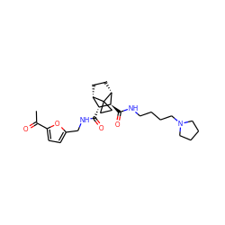 CC(=O)c1ccc(CNC(=O)[C@@H]2[C@@H]3CC[C@H]([C@H]2C(=O)NCCCCN2CCCC2)C32CC2)o1 ZINC000168393340