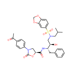 CC(=O)c1ccc(N2C[C@@H](C(=O)N[C@@H](Cc3ccccc3)[C@H](O)CN(CC(C)C)S(=O)(=O)c3ccc4c(c3)OCO4)OC2=O)cc1 ZINC000049780074