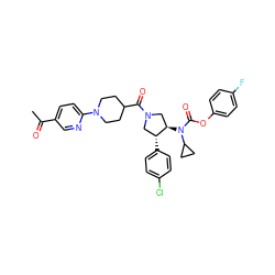 CC(=O)c1ccc(N2CCC(C(=O)N3C[C@@H](N(C(=O)Oc4ccc(F)cc4)C4CC4)[C@H](c4ccc(Cl)cc4)C3)CC2)nc1 ZINC000117710313