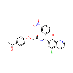 CC(=O)c1ccc(OCC(=O)N[C@@H](c2cccc([N+](=O)[O-])c2)c2cc(Cl)c3cccnc3c2O)cc1 ZINC000040411642