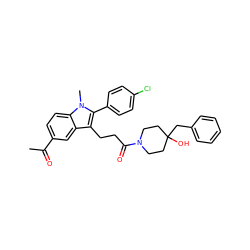 CC(=O)c1ccc2c(c1)c(CCC(=O)N1CCC(O)(Cc3ccccc3)CC1)c(-c1ccc(Cl)cc1)n2C ZINC000028242921