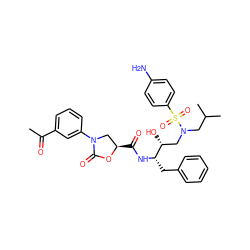 CC(=O)c1cccc(N2C[C@@H](C(=O)N[C@@H](Cc3ccccc3)[C@H](O)CN(CC(C)C)S(=O)(=O)c3ccc(N)cc3)OC2=O)c1 ZINC000014951382
