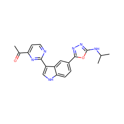 CC(=O)c1ccnc(-c2c[nH]c3ccc(-c4nnc(NC(C)C)o4)cc23)n1 ZINC000222722731