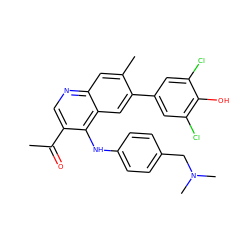 CC(=O)c1cnc2cc(C)c(-c3cc(Cl)c(O)c(Cl)c3)cc2c1Nc1ccc(CN(C)C)cc1 ZINC000114034616