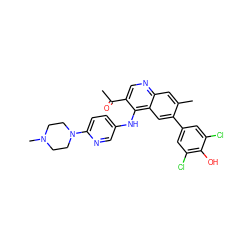 CC(=O)c1cnc2cc(C)c(-c3cc(Cl)c(O)c(Cl)c3)cc2c1Nc1ccc(N2CCN(C)CC2)nc1 ZINC000203988606