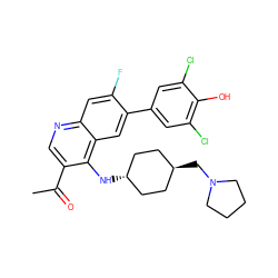 CC(=O)c1cnc2cc(F)c(-c3cc(Cl)c(O)c(Cl)c3)cc2c1N[C@H]1CC[C@H](CN2CCCC2)CC1 ZINC000473197878