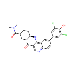 CC(=O)c1cnc2ccc(-c3cc(Cl)c(O)c(Cl)c3)cc2c1N[C@H]1CC[C@H](C(=O)N(C)C)CC1 ZINC000473183000