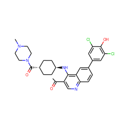 CC(=O)c1cnc2ccc(-c3cc(Cl)c(O)c(Cl)c3)cc2c1N[C@H]1CC[C@H](C(=O)N2CCN(C)CC2)CC1 ZINC000473197882