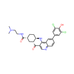 CC(=O)c1cnc2ccc(-c3cc(Cl)c(O)c(Cl)c3)cc2c1N[C@H]1CC[C@H](C(=O)NCCN(C)C)CC1 ZINC000473197797