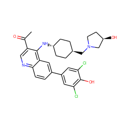 CC(=O)c1cnc2ccc(-c3cc(Cl)c(O)c(Cl)c3)cc2c1N[C@H]1CC[C@H](CN2CC[C@@H](O)C2)CC1 ZINC000473165342