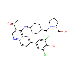 CC(=O)c1cnc2ccc(-c3cc(Cl)c(O)c(Cl)c3)cc2c1N[C@H]1CC[C@H](CN2CCC[C@@H]2CO)CC1 ZINC000473179773