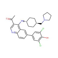 CC(=O)c1cnc2ccc(-c3cc(Cl)c(O)c(Cl)c3)cc2c1N[C@H]1CC[C@H](CN2CCCC2)CC1 ZINC000473179708