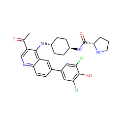 CC(=O)c1cnc2ccc(-c3cc(Cl)c(O)c(Cl)c3)cc2c1N[C@H]1CC[C@H](NC(=O)[C@@H]2CCCN2)CC1 ZINC000473197679