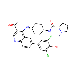 CC(=O)c1cnc2ccc(-c3cc(Cl)c(O)c(Cl)c3)cc2c1N[C@H]1CC[C@H](NC(=O)[C@@H]2CCCN2C)CC1 ZINC000473183275