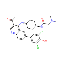 CC(=O)c1cnc2ccc(-c3cc(Cl)c(O)c(Cl)c3)cc2c1N[C@H]1CC[C@H](NC(=O)CN(C)C)CC1 ZINC000473183006