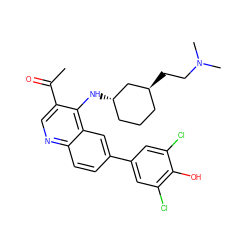 CC(=O)c1cnc2ccc(-c3cc(Cl)c(O)c(Cl)c3)cc2c1N[C@H]1CCC[C@H](CCN(C)C)C1 ZINC000114037335