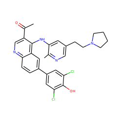 CC(=O)c1cnc2ccc(-c3cc(Cl)c(O)c(Cl)c3)cc2c1Nc1cc(CCN2CCCC2)cnc1C ZINC000219355284