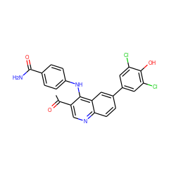 CC(=O)c1cnc2ccc(-c3cc(Cl)c(O)c(Cl)c3)cc2c1Nc1ccc(C(N)=O)cc1 ZINC000219346955