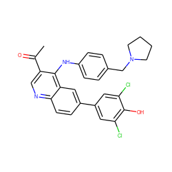 CC(=O)c1cnc2ccc(-c3cc(Cl)c(O)c(Cl)c3)cc2c1Nc1ccc(CN2CCCC2)cc1 ZINC000203803175