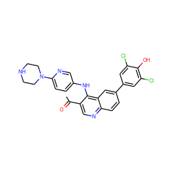 CC(=O)c1cnc2ccc(-c3cc(Cl)c(O)c(Cl)c3)cc2c1Nc1ccc(N2CCNCC2)nc1 ZINC000203982513