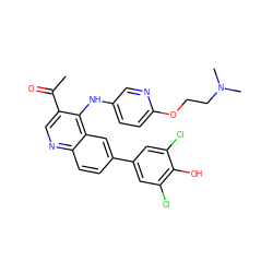 CC(=O)c1cnc2ccc(-c3cc(Cl)c(O)c(Cl)c3)cc2c1Nc1ccc(OCCN(C)C)nc1 ZINC000114037072