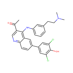 CC(=O)c1cnc2ccc(-c3cc(Cl)c(O)c(Cl)c3)cc2c1Nc1cccc(CCN(C)C)c1 ZINC000114037906