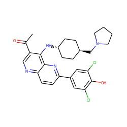 CC(=O)c1cnc2ccc(-c3cc(Cl)c(O)c(Cl)c3)nc2c1N[C@H]1CC[C@H](CN2CCCC2)CC1 ZINC000473164923