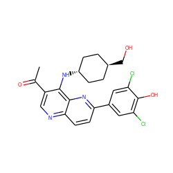 CC(=O)c1cnc2ccc(-c3cc(Cl)c(O)c(Cl)c3)nc2c1N[C@H]1CC[C@H](CO)CC1 ZINC000473213478