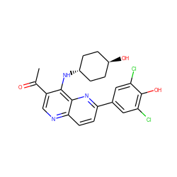 CC(=O)c1cnc2ccc(-c3cc(Cl)c(O)c(Cl)c3)nc2c1N[C@H]1CC[C@H](O)CC1 ZINC000473165005