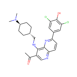 CC(=O)c1cnc2ccc(-c3cc(Cl)c(O)c(Cl)c3)nc2c1NC[C@H]1CC[C@H](N(C)C)CC1 ZINC000473164862