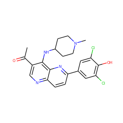 CC(=O)c1cnc2ccc(-c3cc(Cl)c(O)c(Cl)c3)nc2c1NC1CCN(C)CC1 ZINC000473213528