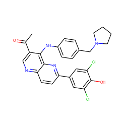 CC(=O)c1cnc2ccc(-c3cc(Cl)c(O)c(Cl)c3)nc2c1Nc1ccc(CN2CCCC2)cc1 ZINC000473165323